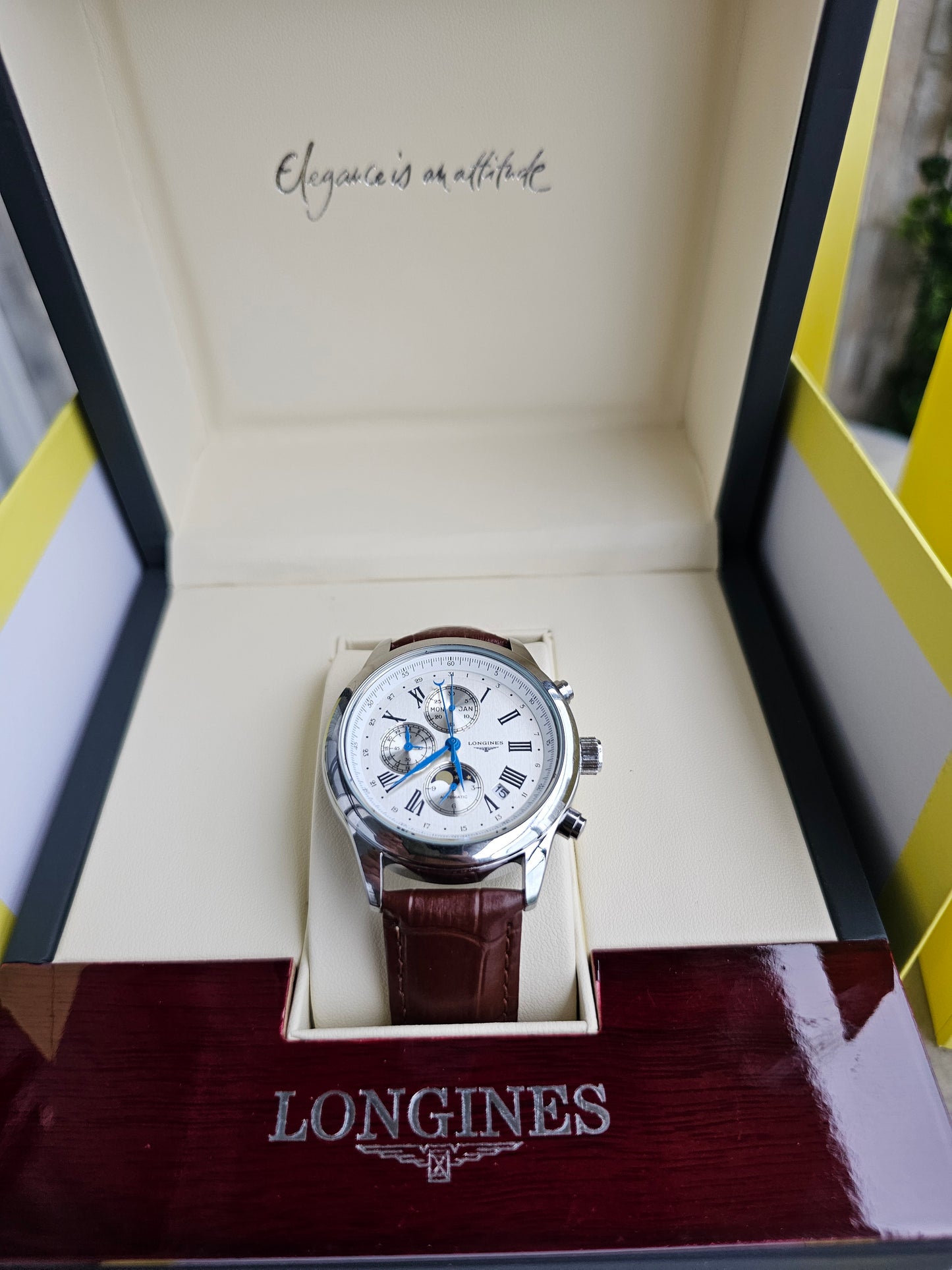 Longiness Silver dial Brown Leather strap Watch