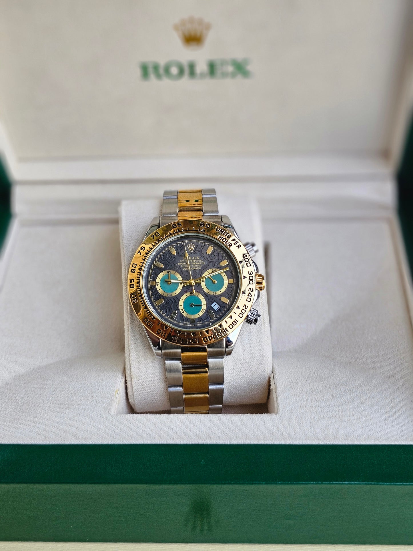Rolex Daytona gold silver Dual Tone Engraved watch with green Chronograph