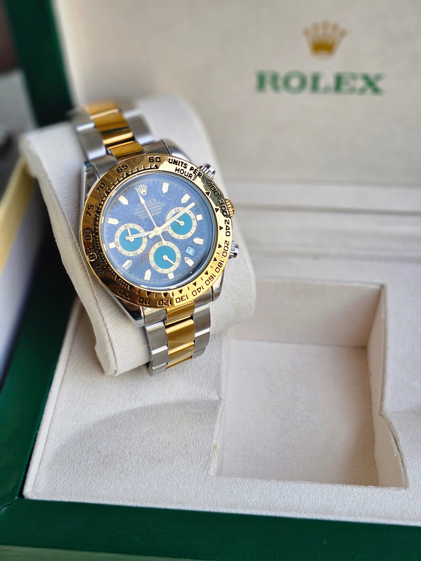 Rolex Daytona gold silver Dual Tone Engraved watch with green Chronograph