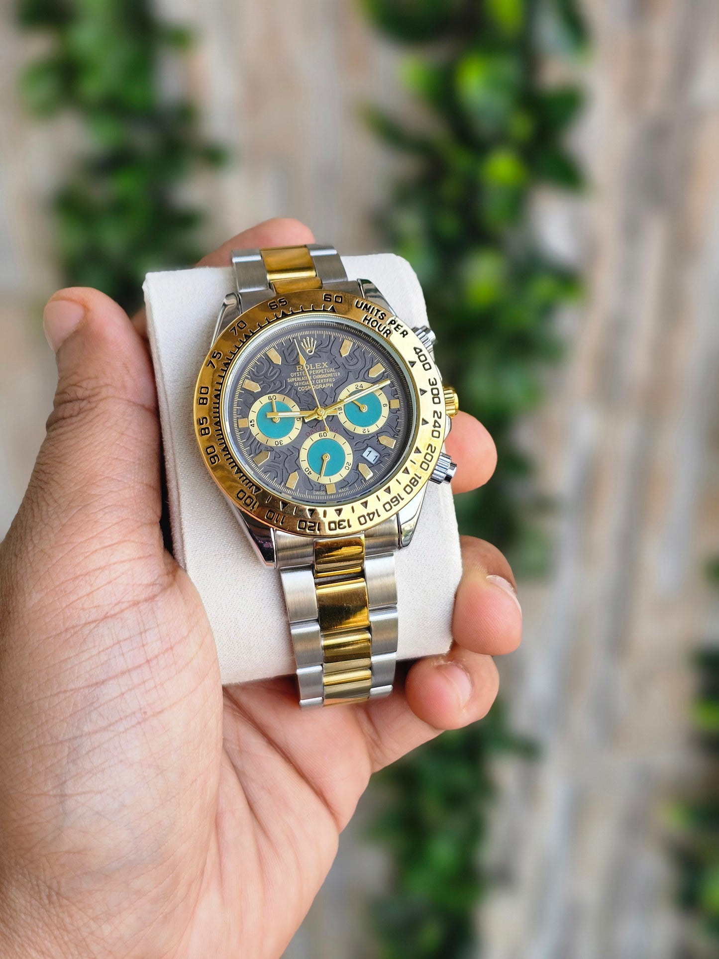 Rolex Daytona gold silver Dual Tone Engraved watch with green Chronograph