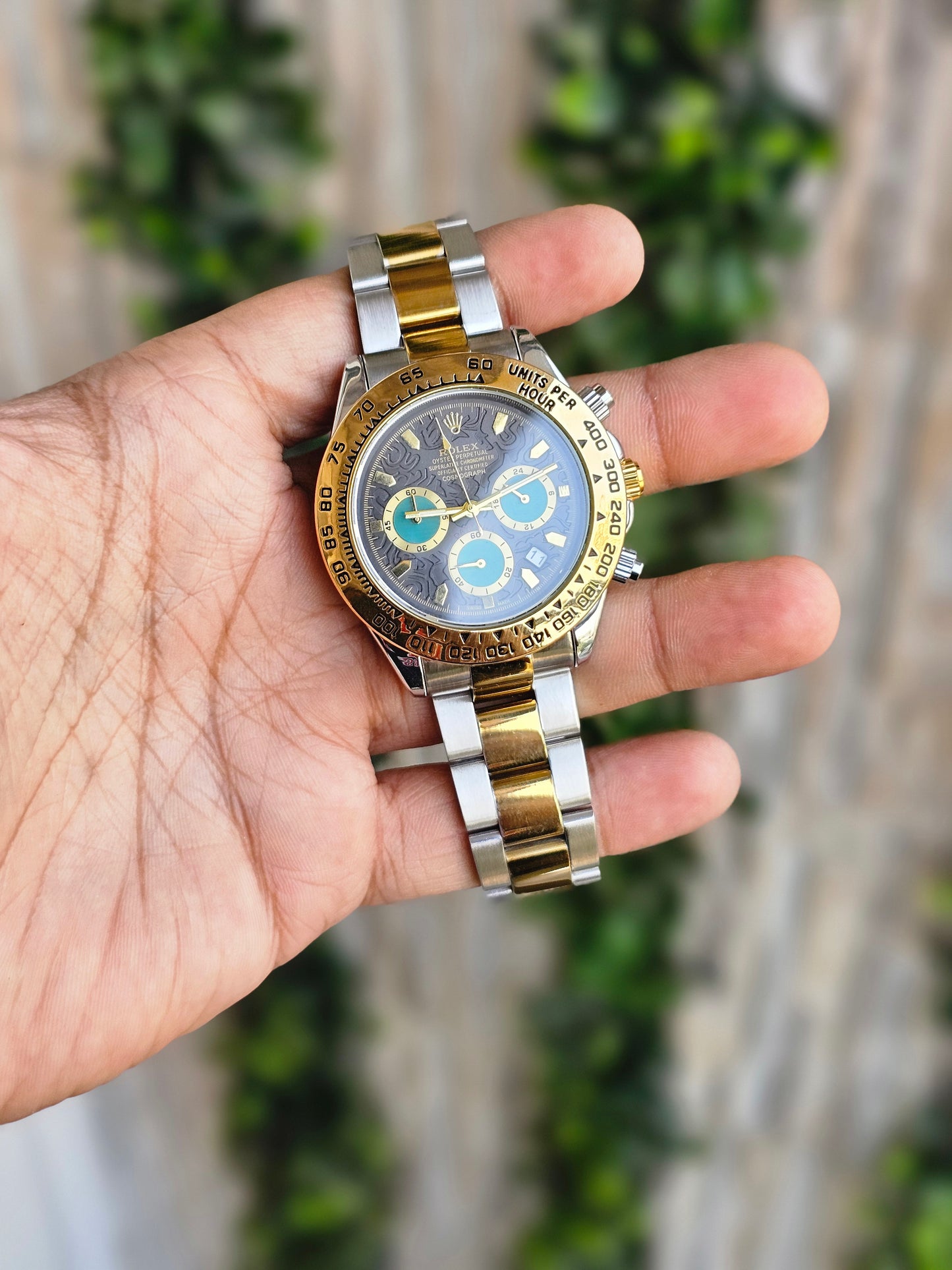 Rolex Daytona gold silver Dual Tone Engraved watch with green Chronograph