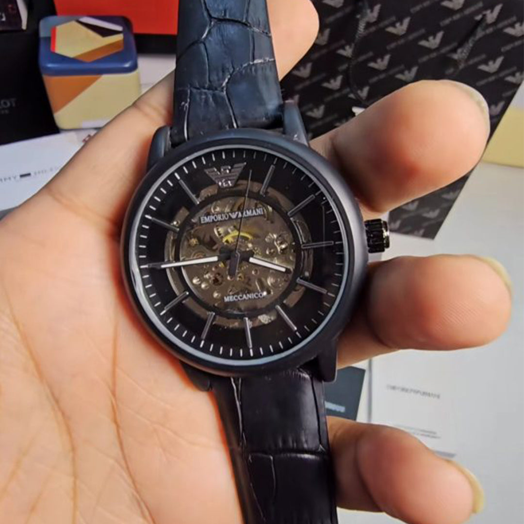 Armani Black Leather Automatic Watch