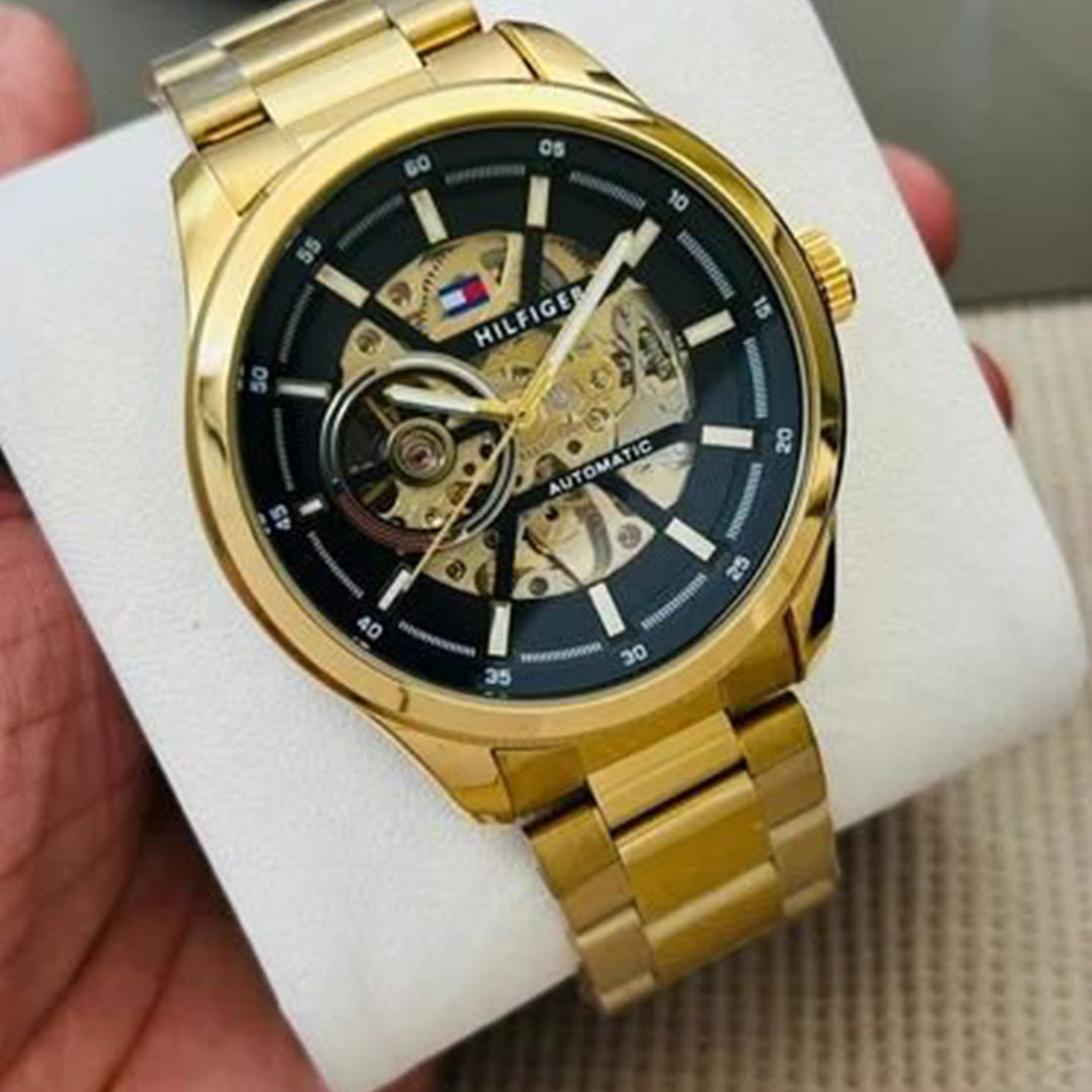 Tommy Hilfiger Gold Black Metal Automatic Thewatchtime shop tommy-hilfiger-gold-black-metal-automatic-thewatchtime-shop