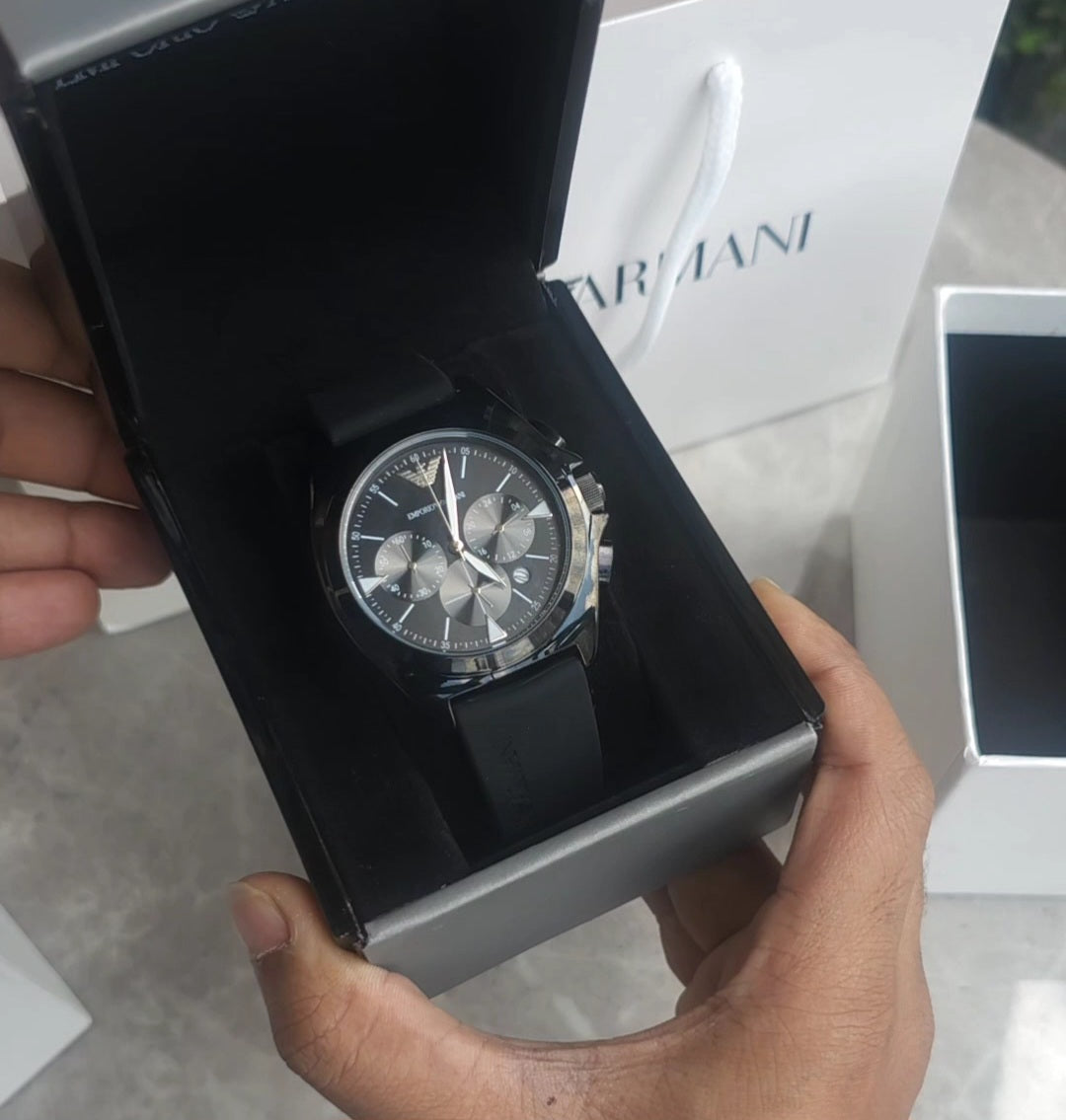 Emporio Armani black chronograph stainless steel fibre belt watch