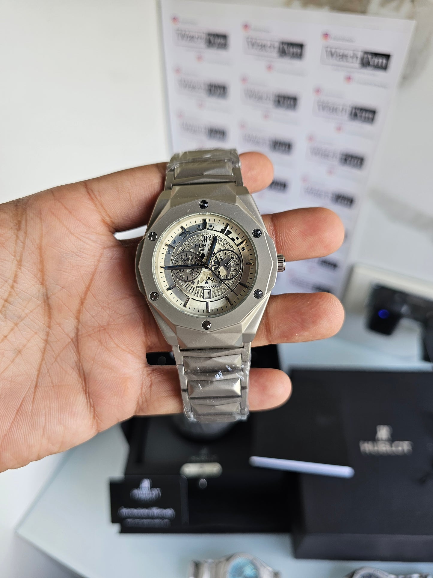 Hublot Stainless steel Diamond cut skeleton watch