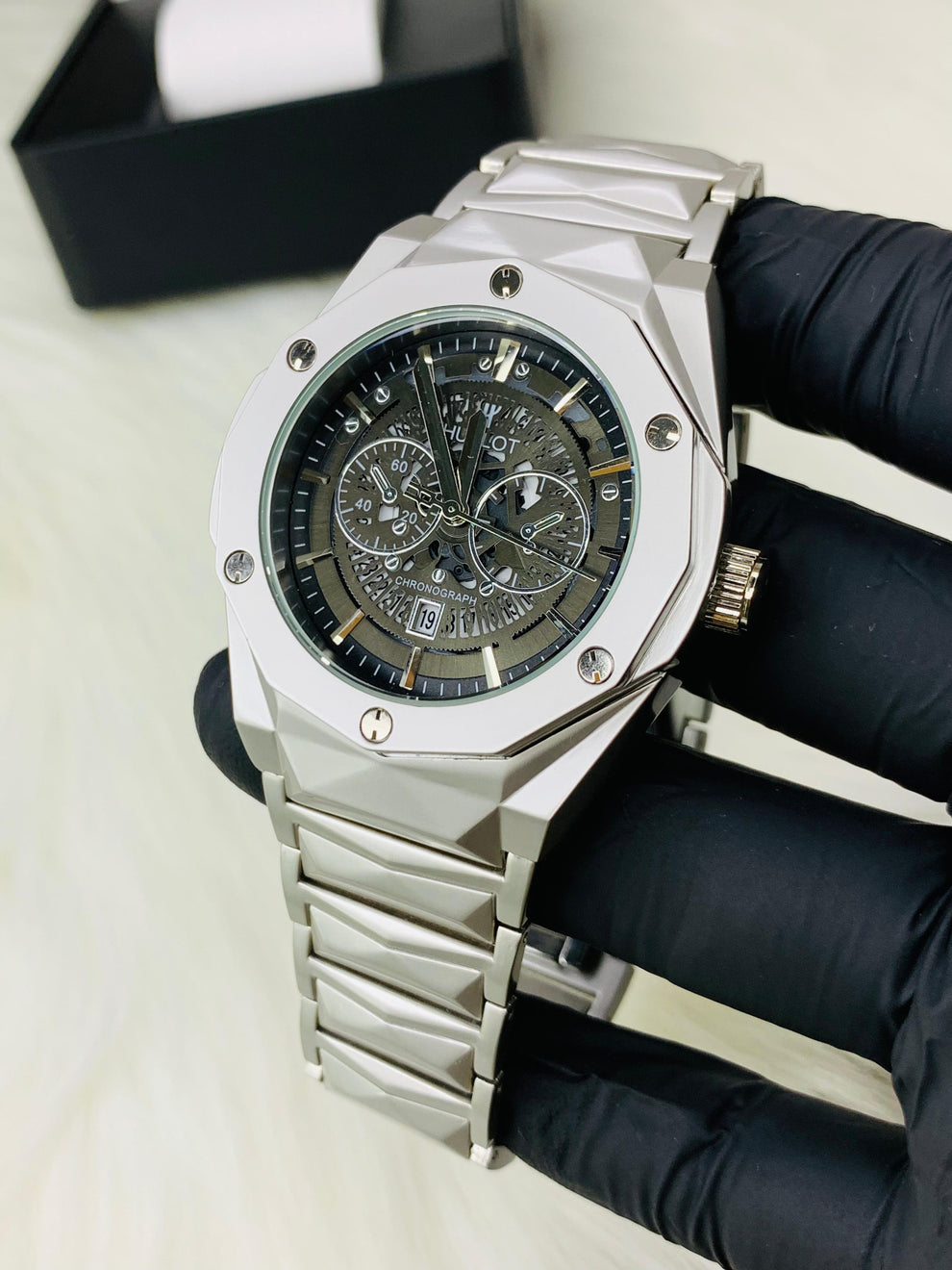 Hublot Stainless steel Diamond cut skeleton watch
