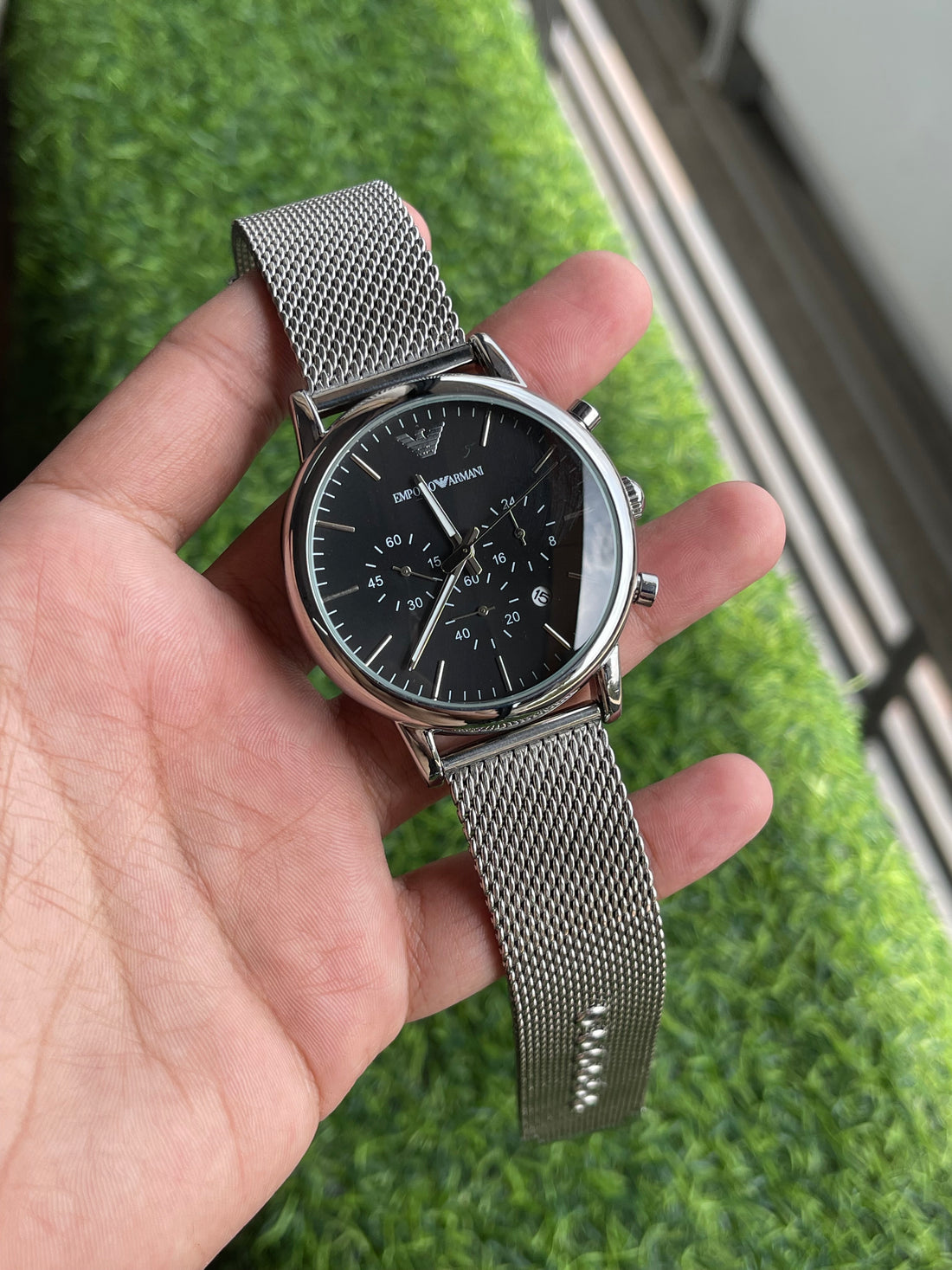Armani Stainless Steel silver Chronograph Metal black dial watch