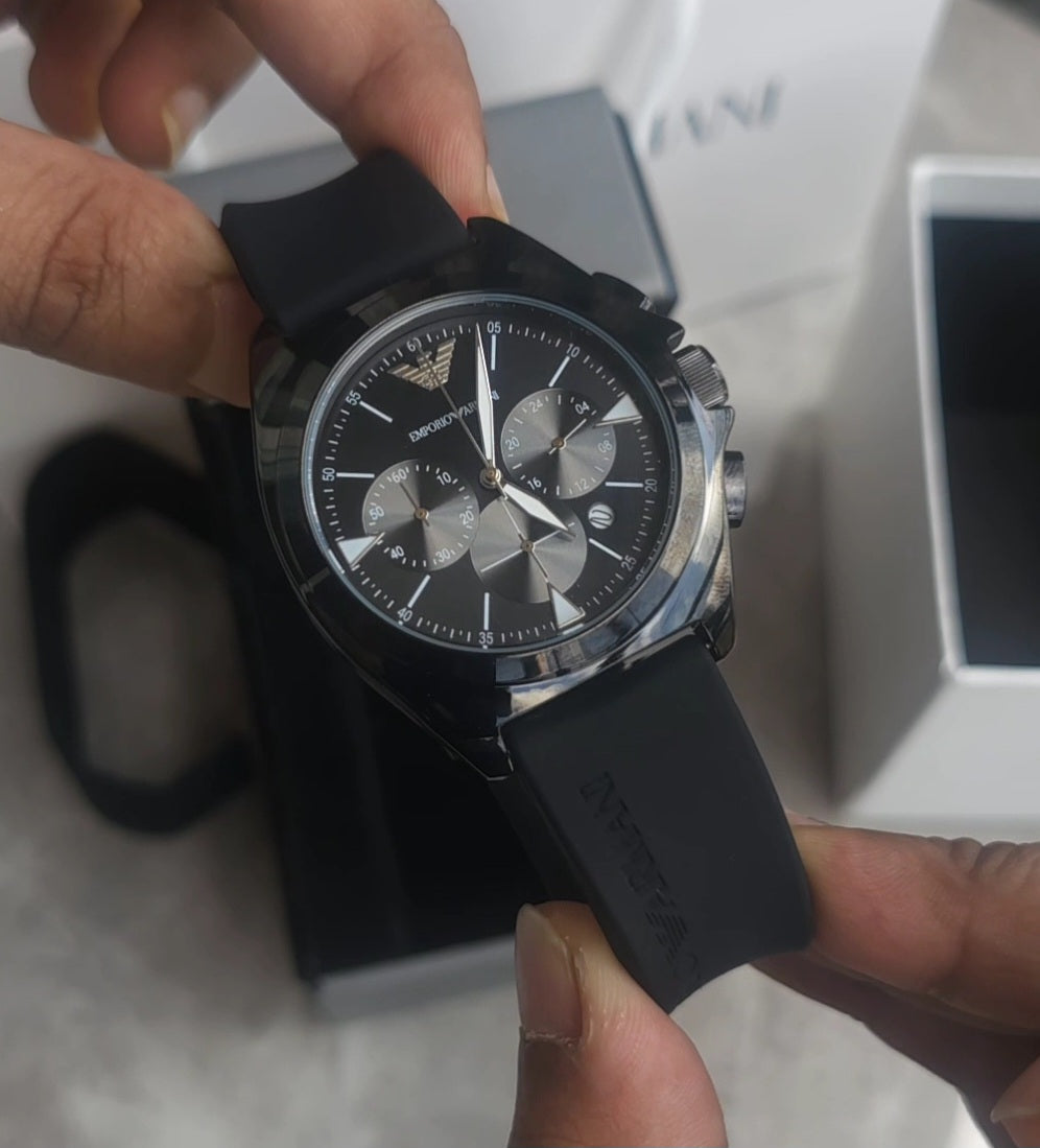 Emporio Armani black chronograph stainless steel fibre belt watch