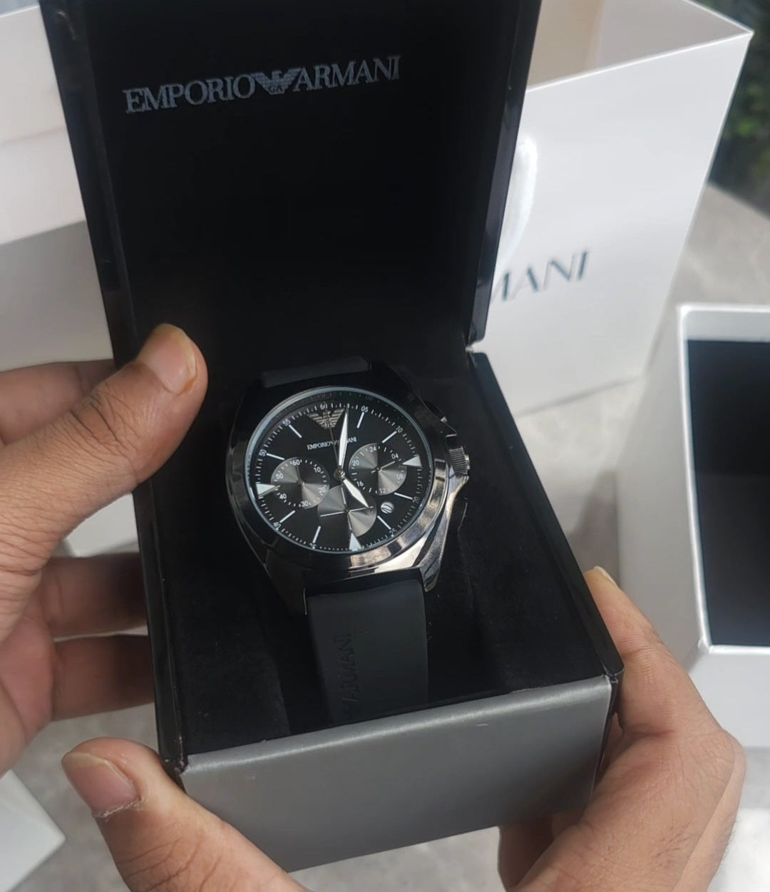 Emporio Armani black chronograph stainless steel fibre belt watch