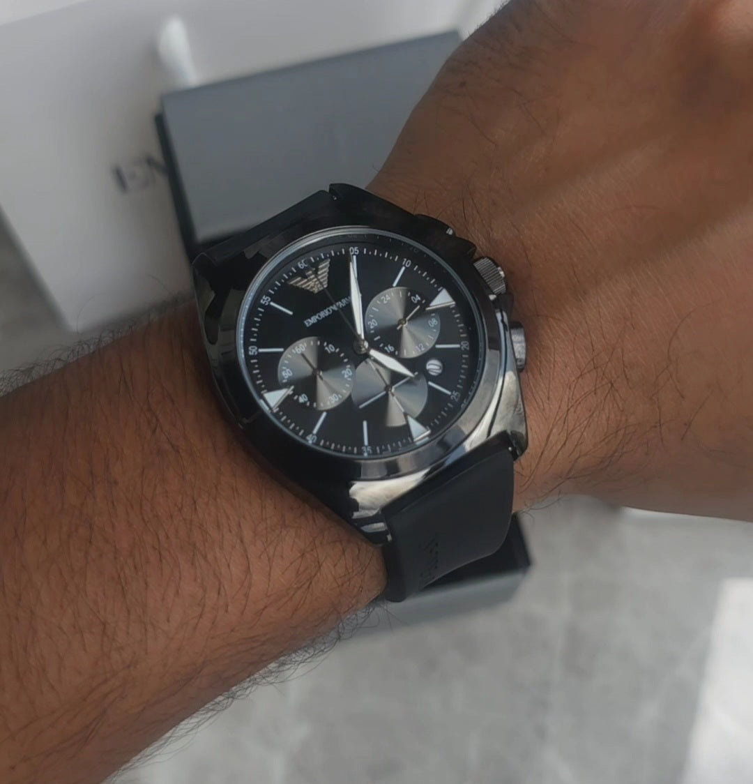 Emporio Armani black chronograph stainless steel fibre belt watch