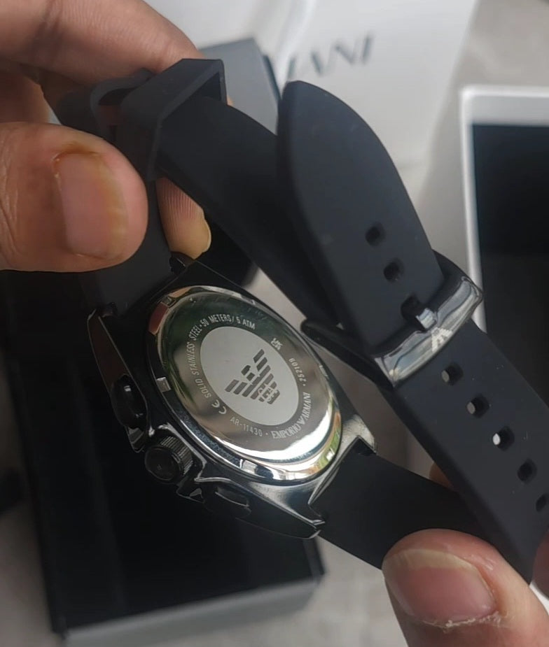 Emporio Armani black chronograph stainless steel fibre belt watch