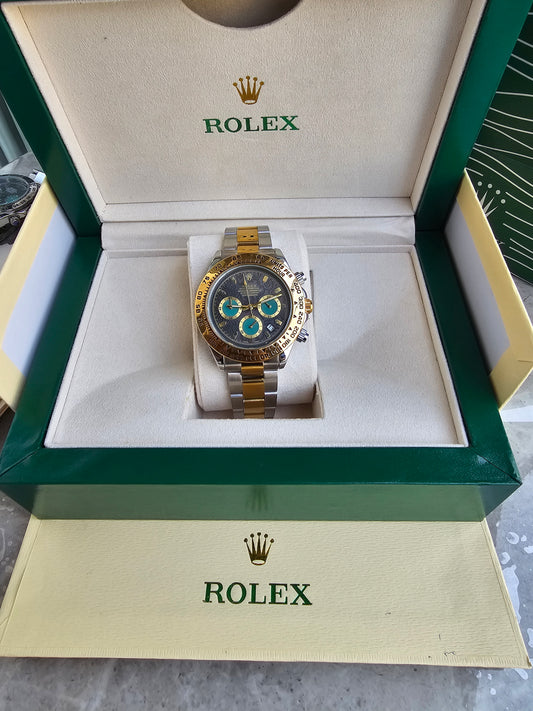 Rolex Daytona gold silver Dual Tone Engraved watch with green Chronograph