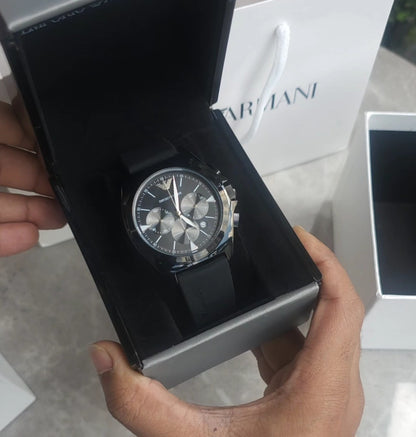 Emporio Armani black chronograph stainless steel fibre belt watch