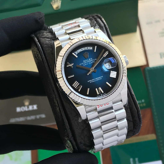 Rolex Day Date silver With Blue Dial Stainless Steel Watch