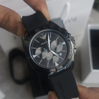 Emporio Armani black chronograph stainless steel fibre belt watch