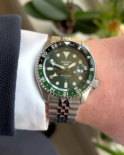 Seiko 5 GMT stainless steel Green Dial watch