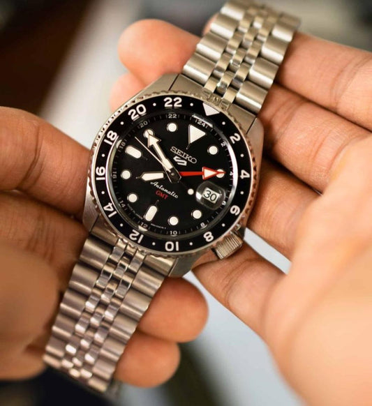 Seiko 5 GMT stainless steel Black Dial black Bezel  watch