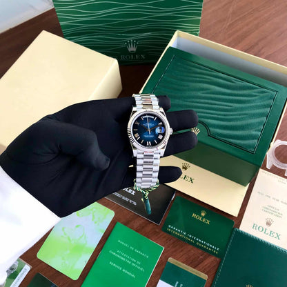 Rolex Day Date silver With Blue Dial Stainless Steel Watch