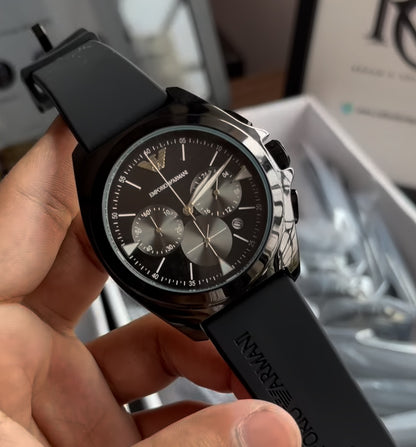 Emporio Armani black chronograph stainless steel fibre belt watch