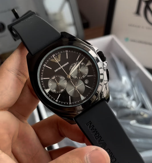 Emporio Armani black chronograph stainless steel fibre belt watch